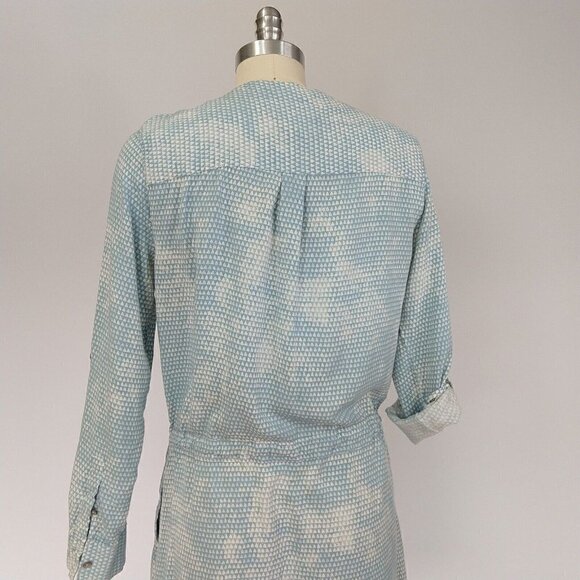 Lou & Grey Blue Geometric Print Drawstring Waist Dress Size S Roll Tab Sleeves - Picture 7 of 10